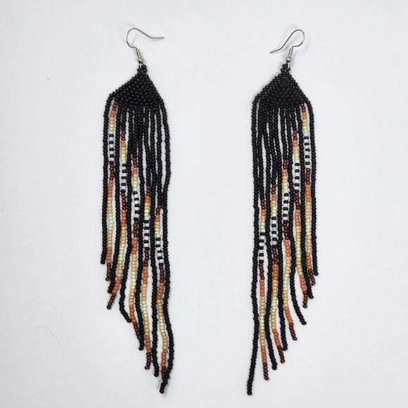 Cascading Darkness Black Boho Beaded Fringe Earrings - Picture 1 of 6